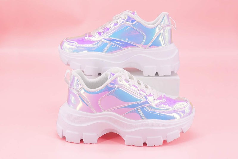 LUCKY STEP Women 90S Chunky Platform Reflective Sneakers - White Hologram Casual Lace-Up Walking Dad Sneakers(White Hologram,6 B(M) US) - Image 5